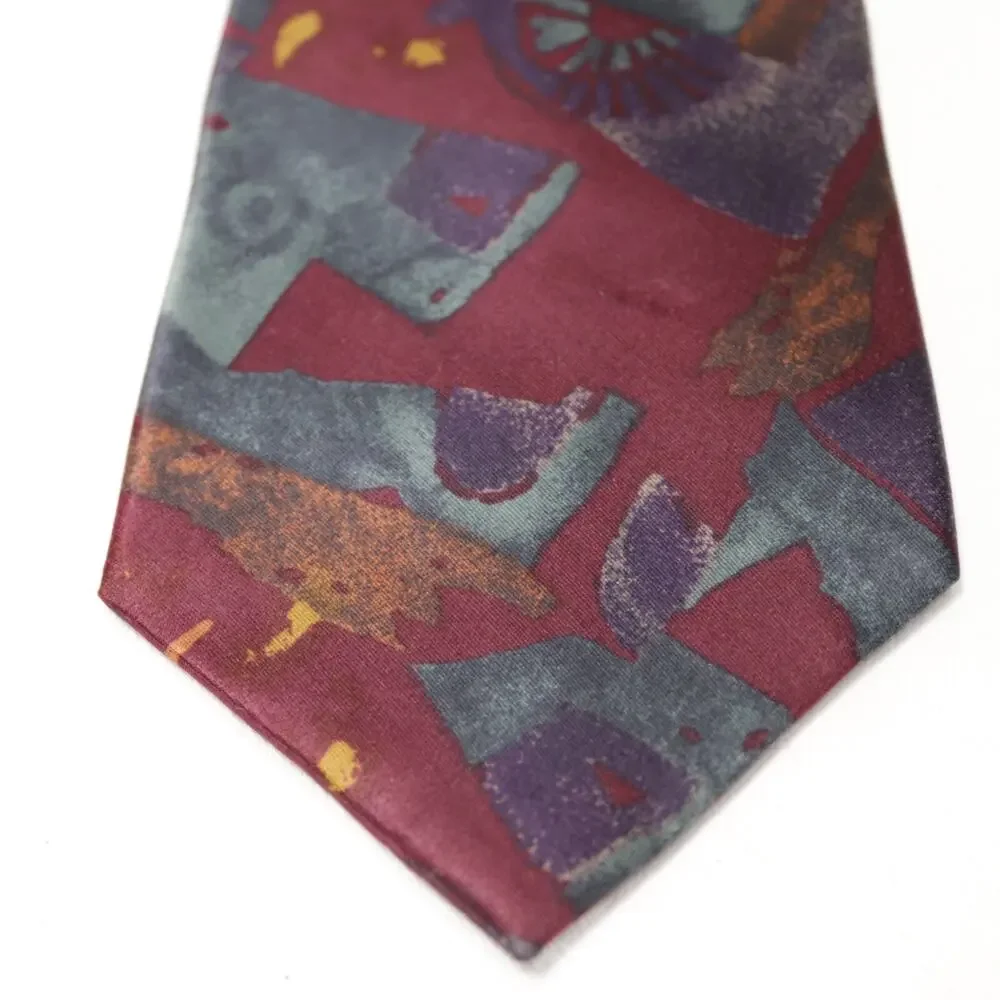 Vtg Cambridge Classics Mervyns Tie Mens 57 in Burgundy Silk Abstract Wide